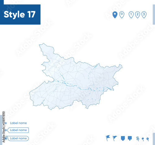 Bihar, India - map isolated on white background with water and roads. Vector map.