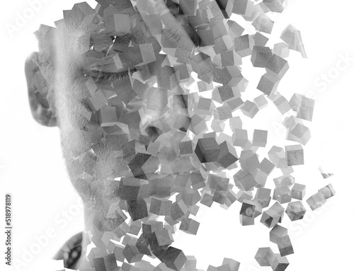 3D element merged with a portrait in a double exposure technique.