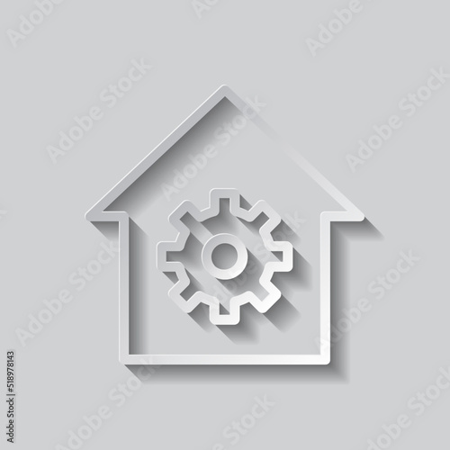 Gear, house simple icon vector. Flat design. Paper style with shadow. Gray background.ai