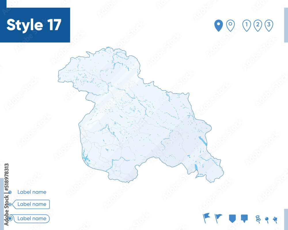 Jammu And Kashmir, India - map isolated on white background with water and roads. Vector map.