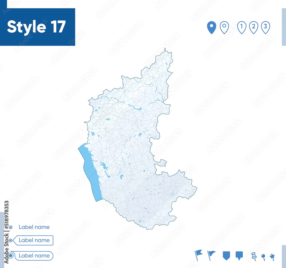 Karnataka, India - map isolated on white background with water and roads. Vector map.