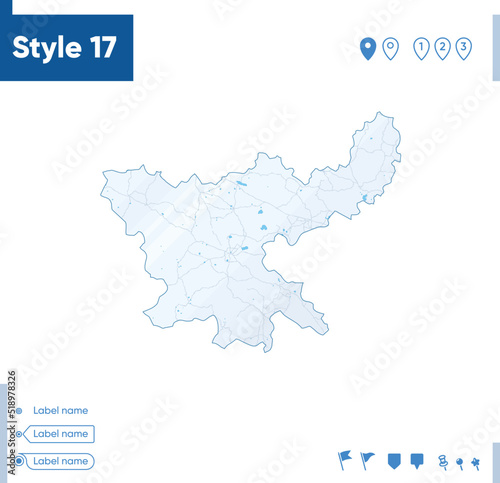 Jharkhand, India - map isolated on white background with water and roads. Vector map.