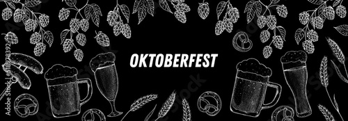 Oktoberfest beer hand drawn vector illustration. Beer mugs, sausages and pretzels. Food and drink sketch. Brewery design template. Beer glass mugs and traditional German Food illustration.