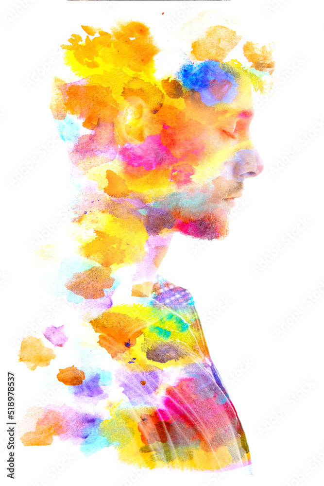 Paintography. Abstract watercolor and a portrait of a man