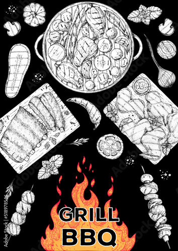 Grilled meat and vegetables frame. Barbecue dishes hand-drawn. Bbq grill food sketch. Vector illustration. Engraved design.