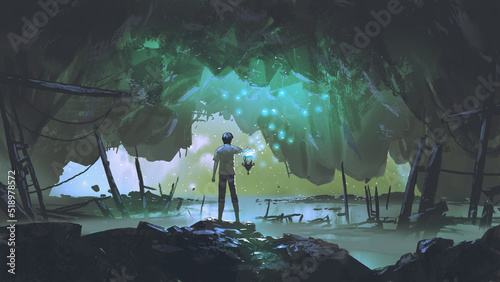 Man with a lantern explores the ancient cave of darkness, digital art style, illustration painting photo