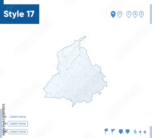 Punjab, India - map isolated on white background with water and roads. Vector map.