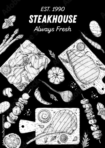 Grilled meat frame. Steak House menu. Hand drawing collection. Bbq grill food sketch. Menu design elements. Vector illustration. Engraved design. Hand drawn illustration.