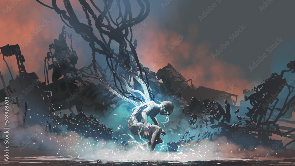 sci-fi concept showing a cyborg male recovering energy, digital art style, illustration painting - obrazy, fototapety, plakaty 
