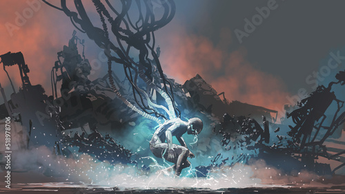Photo sci-fi concept showing a cyborg male recovering energy, digital art style, illus
