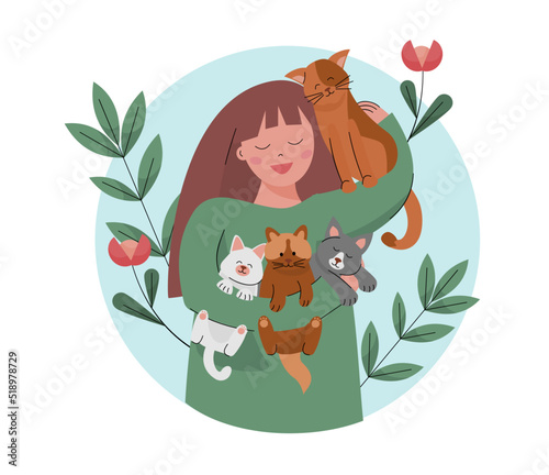 Vector illustration of a girl holding and hugging three cats. One cat is sitting on woman shoulder 