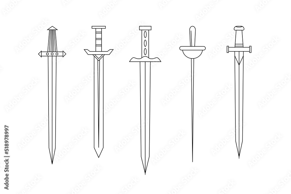 Medieval long swords drawn art line style. Set of simple vector images Medieval long swords drawn art line style. Set of simple vector images