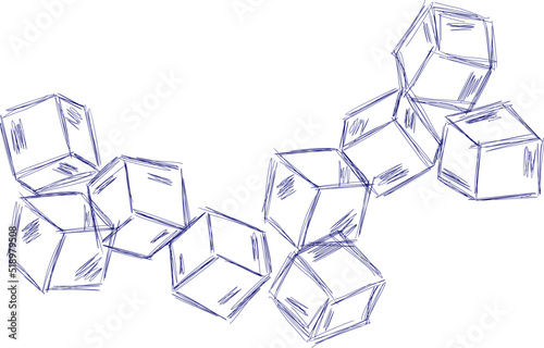 Hand drawn line ice cube, sugar, toys. Cold pieces, pieces of ice,  doodle sketches. The review is illustrated with cubes. Vector illustration with cubes.