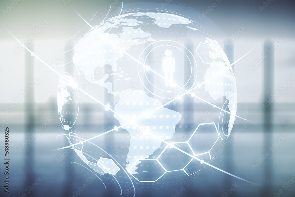 Virtual social network hologram and world map on empty corporate office background. Multiexposure Virtual social network hologram and world map on empty corporate office background. Multiexposure