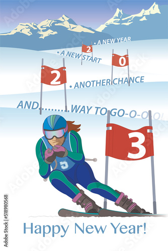 2023 happy new year concept of skier racing downhill passing flag with year and message of a new start and another chance, portrait