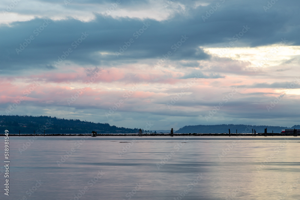 Sunset on a sunny summer evening over Port Gardner in Everett WA