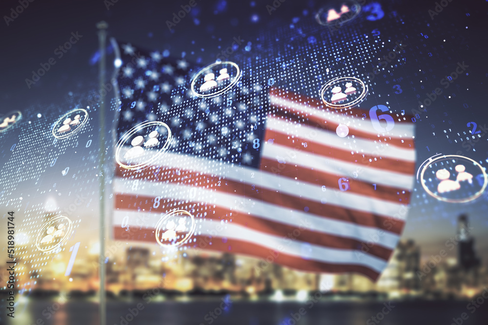Double exposure of social network icons interface and world map on US