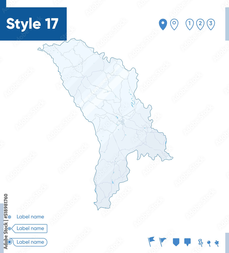 Moldova - map isolated on white background with water and roads. Vector map.