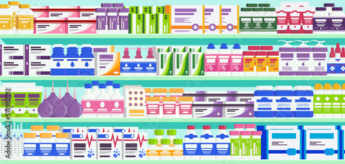Pharmacy shelves with medicine pills, capsules, bottles vitamins, tablets, drug, antibiotic healthcare. Modern interior of pharmacy. Vector 10 eps © Vladimir Ivankin