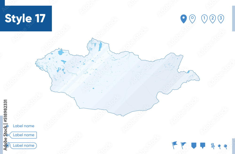 Mongolia - map isolated on white background with water and roads. Vector map.