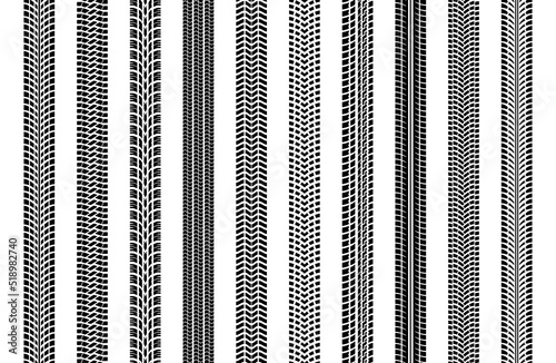 Black tire tracks wheel car or transport set on road texture pattern for automobile. tire marks, tire tread, tread marks silhouette for machine and vehicle. Collection of various prints. Vector