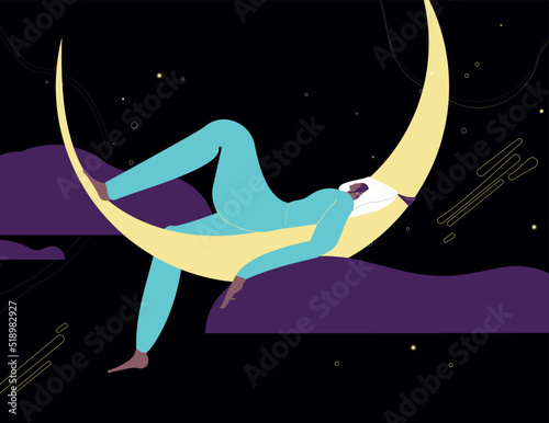 Night dreams of sleeping woman. Imagination, dreamlands, fairy worlds concept. Sleepy character dreamer floating, flying in fantasies. Flat graphic vector illustrations isolated on white background