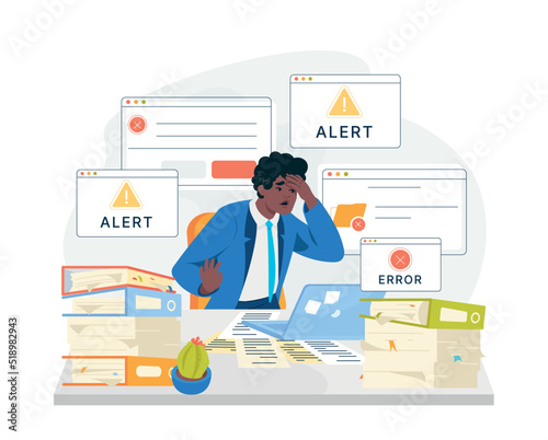 Operating system error warning notifications windows. Stressed man screaming while covered by computer messages. Man confused with laptop spam or mistake notification