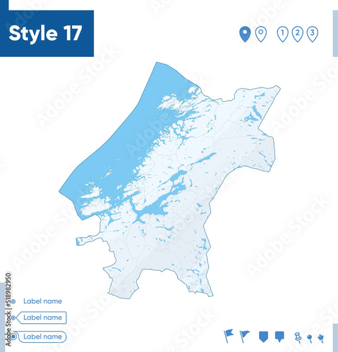 Trondelag, Norway - map isolated on white background with water and roads. Vector map.