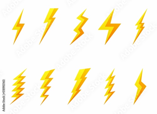 Lightning bolt icons collection set isolated on white background. Yellow flash symbol  thunderbolt. Golden simple lightning strike sign. Vector illustration