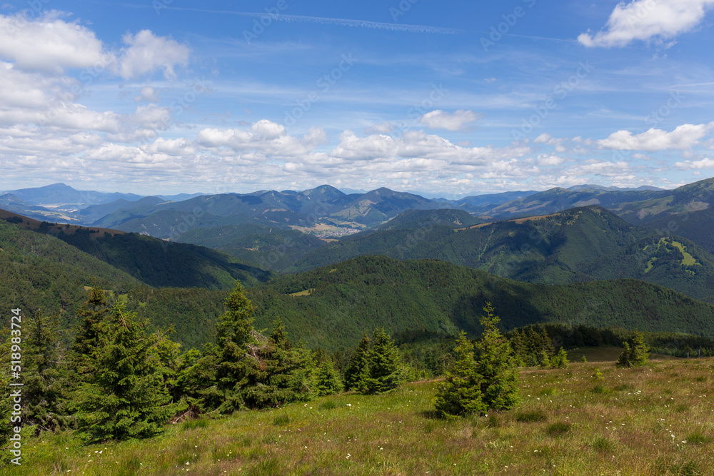Fototapeta premium Summer Slovak Mountain Great Fatra, Velka Fatra, peaks Nova Hola (1361 m) and Zvolen (1403 m), views from them, Slovakia