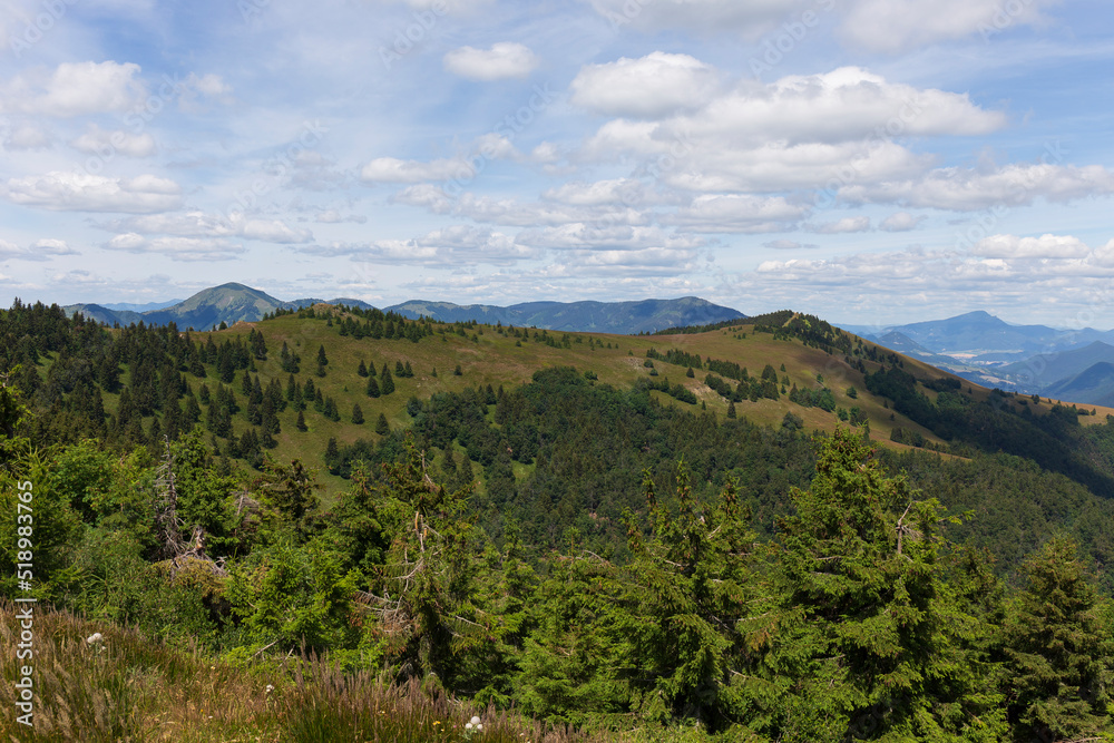 Summer Slovak Mountain Great Fatra, Velka Fatra, peaks Nova Hola (1361 m) and Zvolen (1403 m), views from them, Slovakia