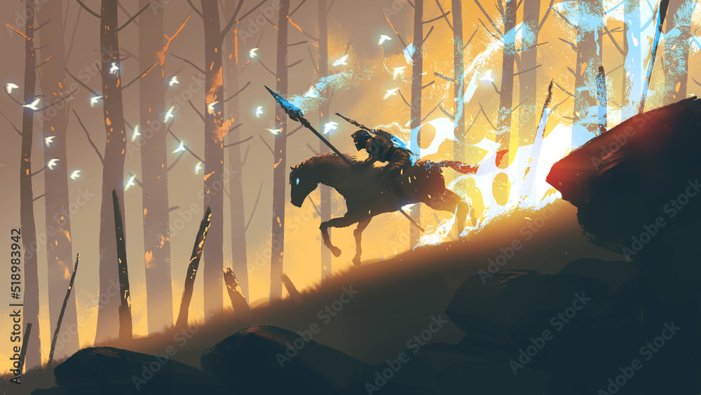 Naklejka premium The knight with spear riding a horse through the fire forest, digital art style, illustration painting