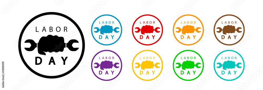 Labor day color icons set, fist with wrench.