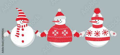 Happy snowmen holding hands. There are three different snowmen in red winter clothes in the picture. Christmas background. Can be used as a template for a greeting card. Vector illustration