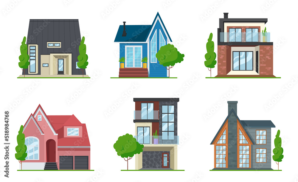 Residential building, house. Collection of 6 houses. Atmosphere of the day. Vector graphic.