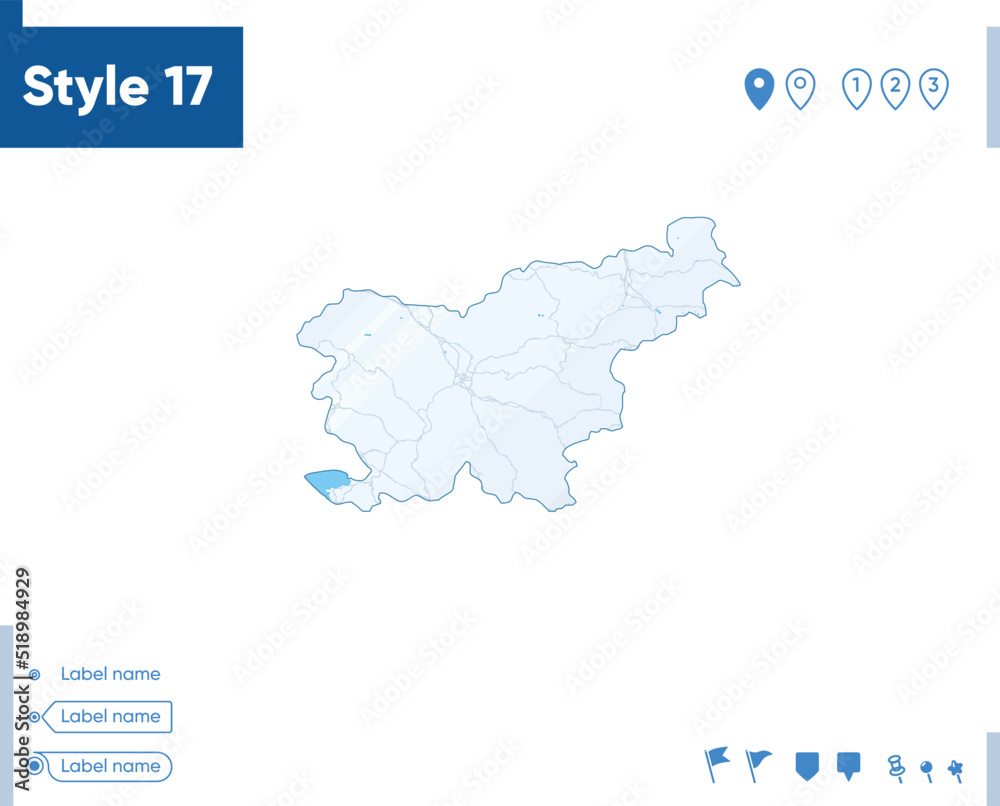 Slovenia - map isolated on white background with water and roads. Vector map.