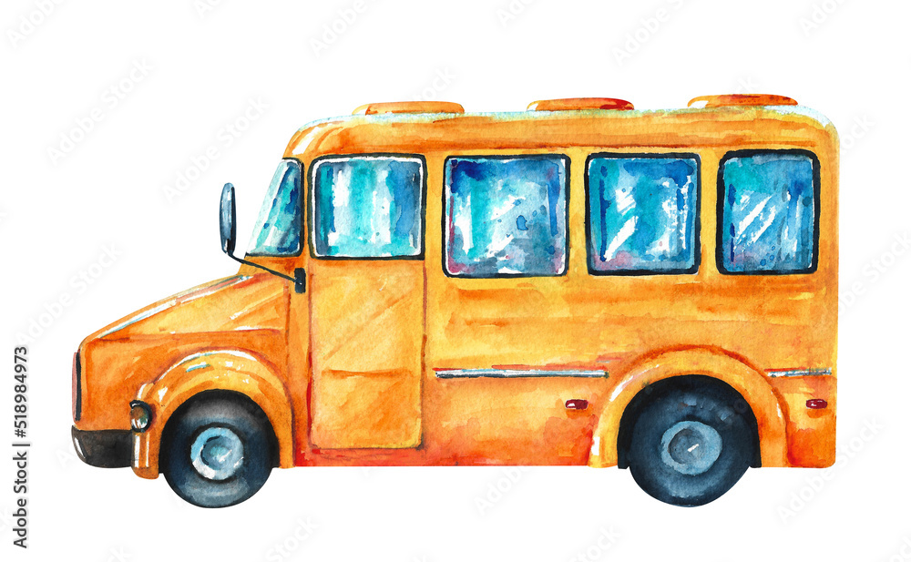 Watercolor bus. Yellow school bus on a white background