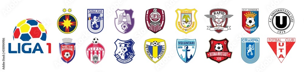 Liga I season 2022, 2023, Romanian association football clubs, Romania, CFR  Cluj, FCSB, FC Hermannstadt, FC Arges Pitesti, Sepsi OSK, CS Universitatea  Craiova, FC Botosani, Kyiv,Ukr - July 24, 2022 Stock Vector