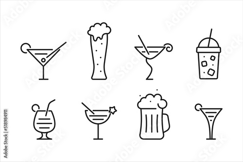 Popular cocktails and beer contour icon. Foamy drink in mugwith irish cream with figured foam in glass cup. Lemonade with ice in glass with lid. Bright pina colada with pineapple vector wedge