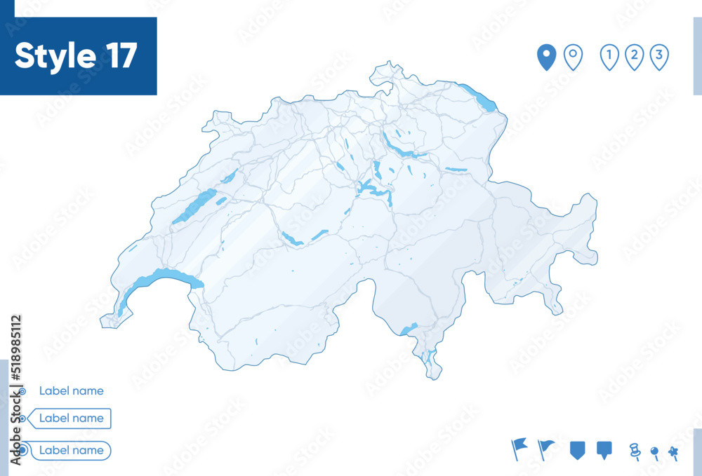 Switzerland - map isolated on white background with water and roads. Vector map.
