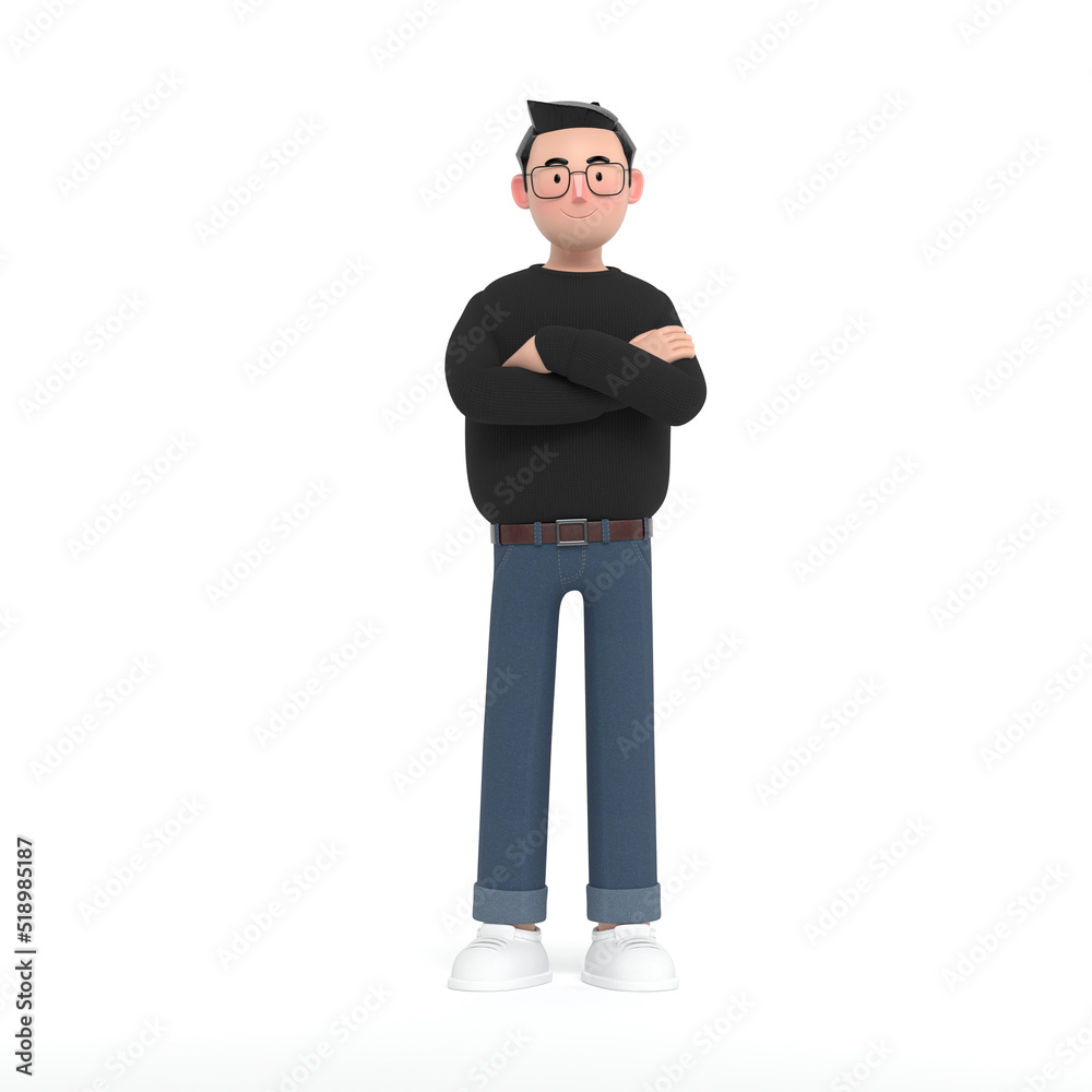 Young creative businessman standing with his arms crossed in a black sweater and jeans.3D Render. Young creative businessman standing with his arms crossed in a black sweater and jeans.3D Render.