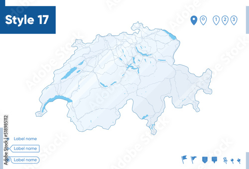 Switzerland - map isolated on white background with water and roads. Vector map.