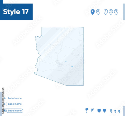 Arizona, USA - map isolated on white background with water and roads. Vector map.
