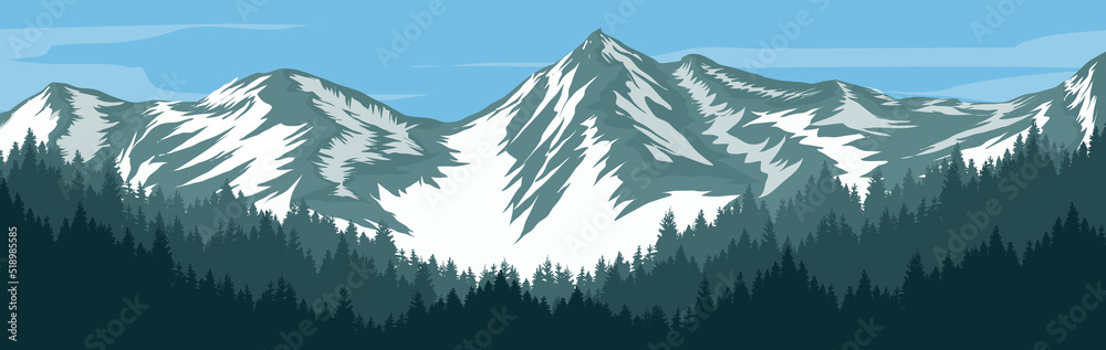 Pine forest mountain landscape vector with snowy mountains as ...