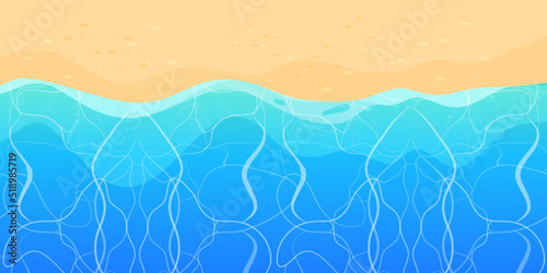 Summer beach with sand and waves top view in cartoon style, background. Tropical coast line, landscape, scenery.