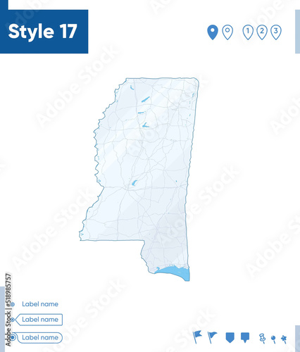 Mississippi, USA - map isolated on white background with water and roads. Vector map.