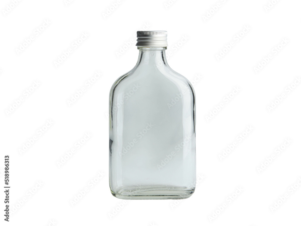 One empty glass russian vodka bottle with black cap isolated on a white background One empty glass russian vodka bottle with black cap isolated on a white background