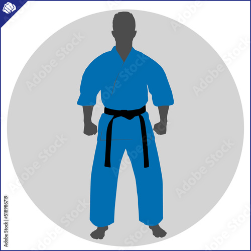 Karate fighter in blue kimono creative design emblem colored symbol, logo. Vector. EPS 