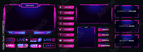 Vector streaming screen panel overlay game template neon theme. Live video, online stream futuristic technology style. Abstract digital user interface. Live streaming button. Vector 10 eps