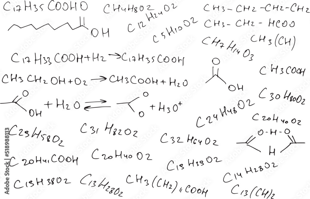 Chemical formulas. Scientific background on a white background. Hand-drawn. Vector image.